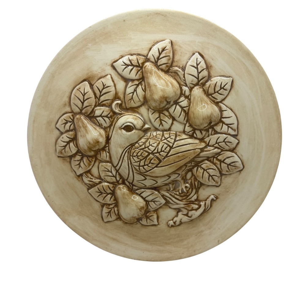 Vintage 3D Relief Ceramic Partridge in a Pear Tree Wall Hanging Plate Cream